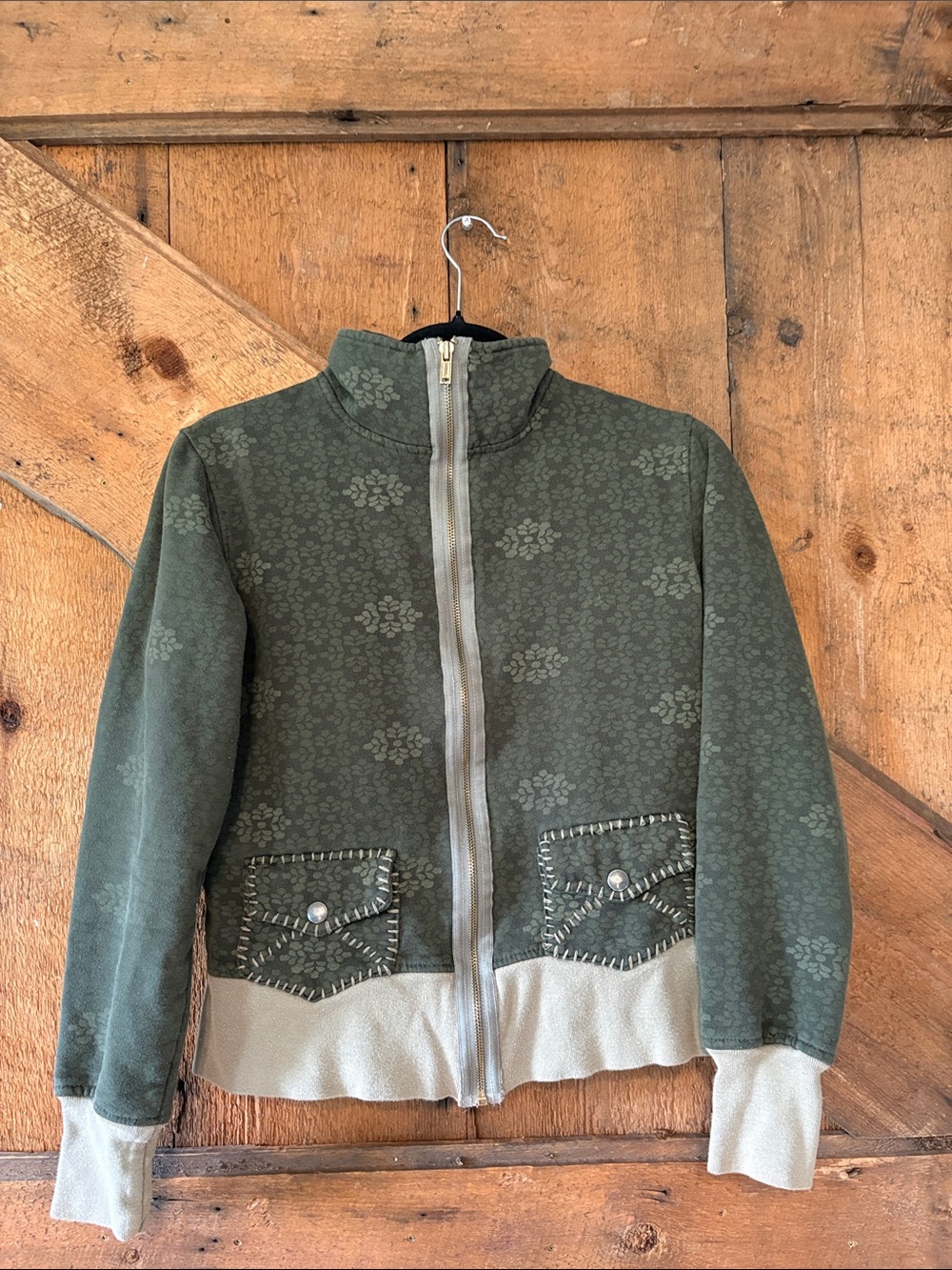 Prana Olive Green Floral Zip-Front Hoodie Sweatshirt Cream Trim Womens Small